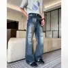 Jeans de microcampana rasgados lavados estilo americano para hombre, vibra de moda urbana, pantalones casuales de pierna ancha holgados
