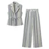 Ropa de mujer al por mayor transfronteriza 2026 otoño nuevo conjunto de dos piezas top sin mangas a rayas retro europeo y americano con cuello y pantalones largos