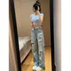 Jeans Vintage Lavados con Diseño Roto para Mujer, Pantalones Rectos Holgados Adelgazantes de Cintura Alta para Verano con Efecto Drapeado