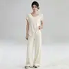 Calça fitness feminina de verão 2026, cor off-white, manga curta, cintura alta, modeladora, para yoga, esportes, casual, perna reta