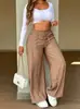 Pantalones largos casuales de pierna ancha con pliegues delanteros, estilo europeo y americano 2026, cintura alta, cinturón de corbata, cubren la cadera, fluidos, para mujer, al por mayor