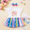 Roupas transfronteiriças para meninas de 0 a 2 anos e roupas de festa de aniversário infantis vestido com manga borboleta terno conjunto faixa de cabeça com laço adesivo de 1 caractere