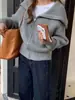 Suéter azul marino con cuello y doble cremallera para mujer, cárdigan de punto casual nuevo para primavera 2026, chaqueta de punto caqui