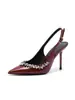 Zapatos de tacón alto con adornos de pedrería color borgoña para mujer, Zapatos de salón sexys estilo francés de charol con punta fina, Sandalias de tacón de aguja poco profundas con una sola tira