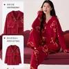 Pijama Rojo para Mujer en Primavera y Otoño con Cárdigan Acolchado de Algodón con Cuello Kimono Conjunto Dulce Casual para Casa