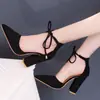 Sapatos de Salto Alto Suede Apontados Estilo Coreano Primavera e Verão Com Cadarço para Mulheres, Salto Bloco, Sapatos Sociais Fechados Elegantes