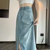 Saia Jeans Tencel Feminina 2024 Nova Verão Fina com Caimento Cintura Alta Emagrecedora Corte A Comprimento Médio Quadril