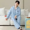 Algodão PuroPijama Masculino de Manga Longa com Gola Reversível, Conjunto de Pijama Listrado Outono para Jovens com Desenho Animado, Corte Amplo