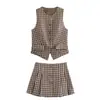 25 Verano Nuevo Conjunto de Moda para Mujer Estilo Europeo y Americano Chica Atrevida Cuello Redondo Botón Cuadros Chaleco Ajustado Falda de Cintura Alta Pantalón