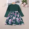 Vestido Casual de Moda para Niñas de Manga Larga con Costillas y Parches Florales Estilo Coreano Vestido Transfronterizo para Niños