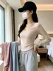 Camiseta de Manga Larga para Mujer, Estilo Delgado de Otoño e Invierno, Top con Dobladillo Irregular en Forma de U, Ropa Interior Ajustada y Sexy para Chicas, Camiseta Base para Chicas Atrevidas
