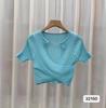 2026 Nueva Camiseta Básica de Punto con Cuello en V Top Ajustado Manga Corta Cintura Alta para Mujer Cadena de Seda de Hielo para Mujer