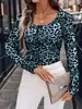 Comercio Exterior Transfronterizo Europeo y Americano Primavera y Otoño Nueva Ropa para Mujer Estampado de Leopardo Botón Sexy Delgado Moda Elegante Camiseta de Manga Larga