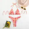 Novo traje de banho de duas peças estilo europeu e americano para mulheres, conjunto de biquíni com estampa floral e costas abertas, moda praia transfronteiriça da Amazon