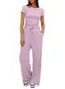 Conjunto Informal de Color Sólido con Top de Manga Corta Fruncido y Pantalones de Pierna Ancha de Cintura Alta Ropa Deportiva Nuevo Producto Europeo y Americano de Amazon Transfronterizo