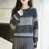 Outono/Inverno 2026 Novo Tricô Fino de Lã Gola Redonda Manga Longa Feminino Bloco de Cores Lantejoula Solto Pulôver Camisa Base