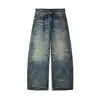 Calça Jeans Masculina Estilo Americano Rasgada com Fenda Bigode, High Street Vintage Lavado, Silhueta Tendência, Perna Larga
