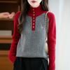 2025 Nuevo Otoño e Invierno Punto de Cuello Alto Medio de Lana Pura Manga Larga para Mujer Jersey con Pony Bordado Bloque de Color Camiseta Básica