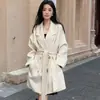 24 Abrigo de Lana para Mujer con Cuello de Solapa de Doble Cara Color Camello para Otoño e Invierno, Cardigan Holgado de Encaje con Doble Botonadura, Ajuste Delgado
