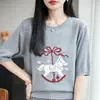 Nova Camiseta de Lã Fina Tricotada de Manga Curta Estilo Coreano para o Verão, Camiseta Básica Jacquard Color-Blocking Solta e Versátil com Gola Redonda para Mulheres