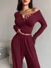 Traje Casual de Moda para Mujer con Pantalones de Pierna Ancha, Bolsillo de Solapa, Cuello en V, Manga Larga, Ajustado, Sexy, para Otoño e Invierno, Transfronterizo Europeo y Americano