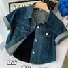 Chaqueta vaquera corta chic retro estilo coreano de verano con un toque de Hong Kong, cuello de solapa, camisa casual holgada de manga corta para mujer