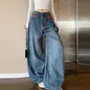 Jeans retro azules versátiles con cordón, de cintura alta, adelgazantes, de pierna ancha, con bolsillos de parche a cuadros y dobladillo curvo, para mujer