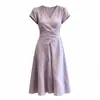 Exquisito vestido roxo de gola V estilo francês para mulheres, novo modelo de verão 2026, de alta qualidade, irregular, elegante vestido longo