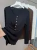 Capa base para mujer Lyocell Tencel Acetato Lana Merino Botones Rayas Otoño Invierno Corte Ajustado Elástico Manga Larga Top Tejido