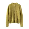 Suéter de cashmere puro escovado para mulheres, gola alta, tricô de botões múltiplos, cardigã versátil que afina, peça básica