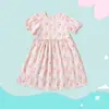 Vestido de Verão para Meninas de Meia-Idade e Mais Velhas Doce Manga Bufante Saia Floral Vestido Infantil de Manga Curta Vestido Princesa para Menininha