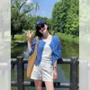 Camisa de Lino Azul Klein con Protección Solar para Mujeres Menudas, Ropa de Verano con un Camisole, Top Ligero tipo Cárdigan
