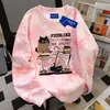 Moletom Redondo com Estampa de Gatinho Fofo Estilo Coreano para Estudantes Americanas com Estampa Tie-Dye Azul Preguiçosa de Outono e Inverno