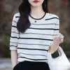 Nueva camiseta de punto de manga corta de primavera y verano, cuello redondo, combinación de colores, rayas curvas, manga abullonada, adelgazante, para commuting, algodón