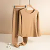 Roupa Térmica Feminina Conjunto de Duas Peças com Forro de Lã Veludo Camisa Base Roupas de Outono Calças de Outono Espessadas Outono e Inverno Gola Redonda Conjunto Cor Rosa Raiz de Lótus