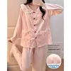 Pijama feminino estilo princesa para primavera e outono, com bojos, gola boneca, algodão nuvem, mangas compridas, calça comprida, conjunto de roupa de casa de modelagem solta