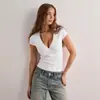 Amazon Europa e Estados Unidos transfronteiriço 2025 primavera e verão novo cor sólida temperamento fino moda garota popular decote V profundo camiseta roupas femininas