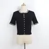 Conjunto de Punto de Color Sólido para Principios de Verano con Cuello Redondo, Adornos de Perlas, Cárdigan Corto, Vestido sin Mangas tipo Camiseta y Conjunto de Dos Piezas Estilo Chanel