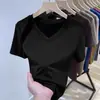 Camiseta de Verano Nueva para Mujer, de Mezcla de Seda y Algodón, Color Sólido, Diseño de Cuello en V, sin Cierre, Manga Corta, Versátil para el Trayecto Diario