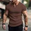 Camiseta Casual Deportiva de Manga Corta para Hombre, Ajuste Delgado, Europea y Americana Transfronteriza, Tejido de Comercio Exterior, Camisa Henley de Botones Color Sólido Estilo Americano