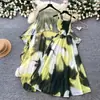 Vestido Estampado Estilo Resort Francés para Mujer, Mangas Tres Cuartos, Ceñido a la Cintura, Conjunto de Dos Piezas Adelgazante, Ropa de Trabajo Elegante de Verano con Perlas