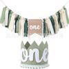 Fiesta de Cumpleaños para Niño Tema Verde Oliva Bandera para Silla de 1 Año Pancarta de 2 Años Guirnalda Corona Sombrero Infantil Bandera Triangular