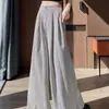 Pantalones de pierna ancha a rayas de algodón, seda de hielo y lino para mujer, estilo fino de verano, cintura alta para petite, adelgazantes, corte recto holgado, pantalones fluidos hasta el suelo