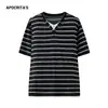Camiseta Listrada de Manga Curta com Falso Duas Peças para Homem Apo, Cor Vibrante de Verão Color-Blocking, Camisa Básica Solta com Gola V.