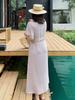Vestido Tejido Inno de Manga Corta con Escote en V para Mujer Tallas Grandes, Nuevo Estilo de Verano, Vestido de Longitud Media que Ceñe la Cintura para Mujeres Tallas Grandes 262584