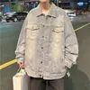 Chaqueta de mezclilla tie-dye para hombre, nuevo estilo primavera y otoño, marca de moda, corte holgado, versátil, cuello camisero, multibolsillos, top casual de botones
