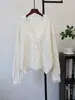 Cardigan de Tricô Patchwork com Lantejoulas e Renda, Gola V, Estilo Coreano, Casaco Suéter Solto para Mulheres, Novo Design Outono/Inverno 2026