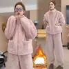 Se Puede Usar Afuera Terciopelo Coral Pijama de Primavera y Otoño Cárdigan con Cremallera para Mujer Traje de Dos Piezas Ropa de Casa Coreana para Pareja