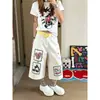 Chao Li Youhuo Pantalones de Trabajo Blancos Bordados de Mezclilla Cortos para Mujer, Verano Delgados de Cintura Alta Sueltos Rectos de Pierna Ancha de Longitud Media