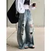 Nuevo Estilo de Verano del Louvre Estilo Callejero Retro Americano Jeans Lavados Rasgados Resistentes Pantalones Largos de Pierna Ancha para Mujer